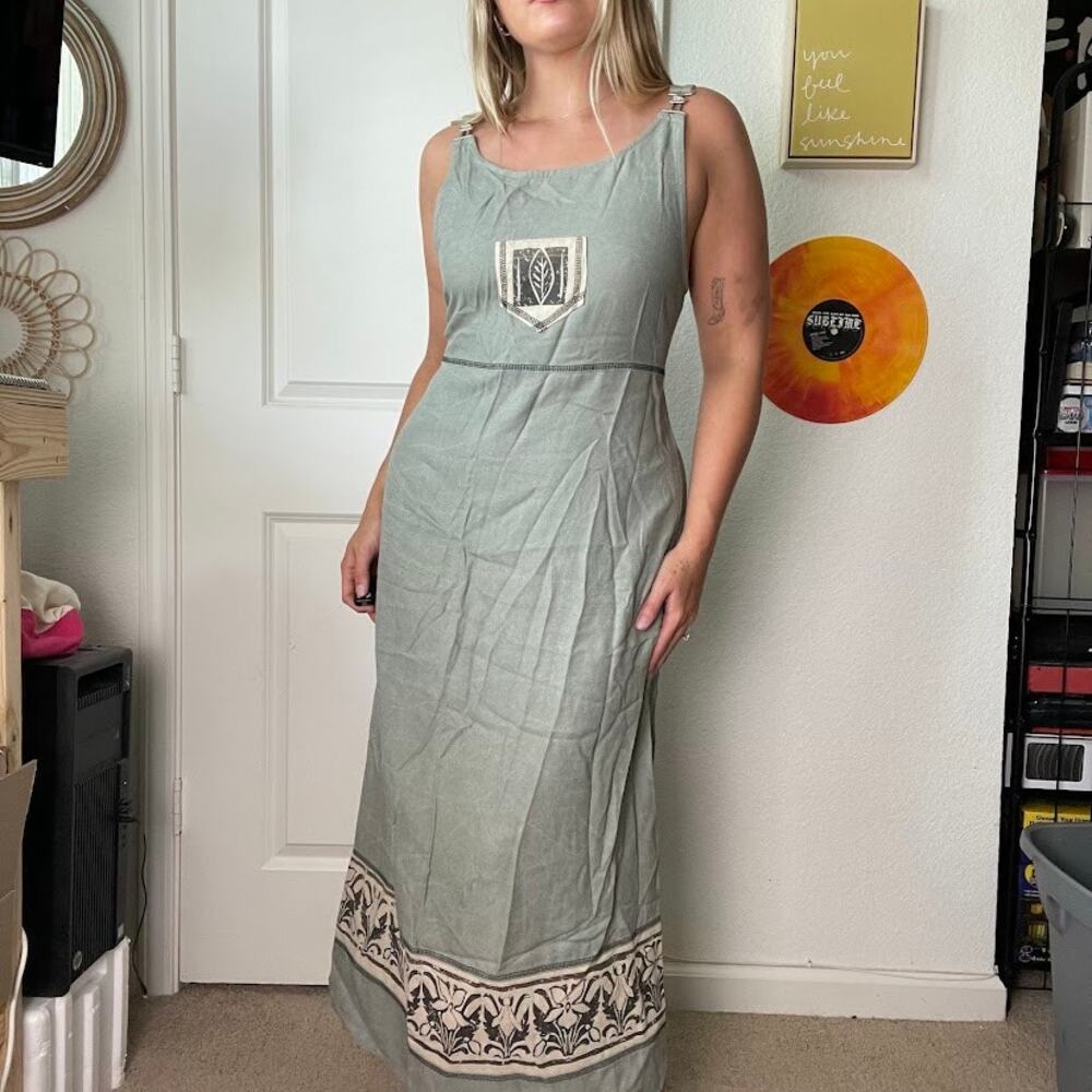 Vintage 90s Y2K Nina Piccalino Overall Style Sage Green Leaf Print Dress Sz 8